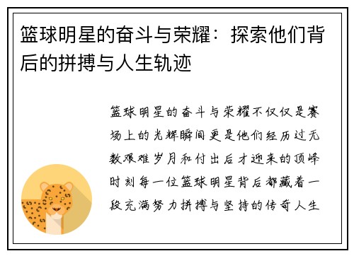 篮球明星的奋斗与荣耀：探索他们背后的拼搏与人生轨迹